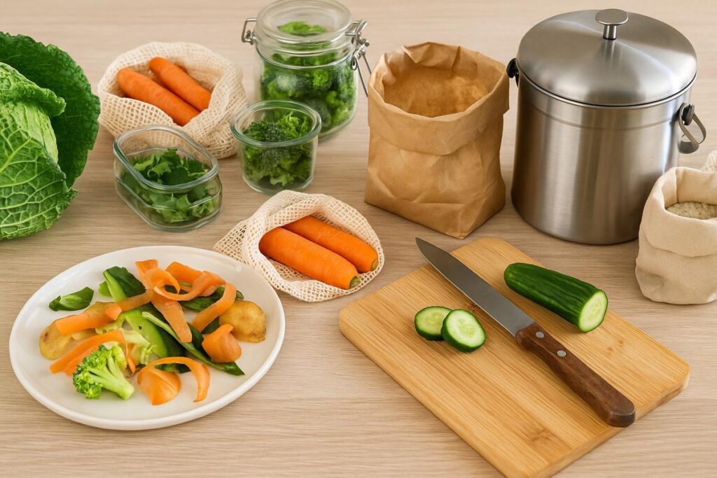 Zero-waste cooking kitchen setup with fresh vegetables, reusable containers, compost bin, and food scraps on a cutting board and plate.