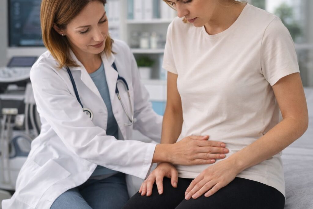 a female doctor placed her right hand on the lower stomach looking for gynecology symptoms and conditions of a female patient
