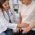 a female doctor placed her right hand on the lower stomach looking for gynecology symptoms and conditions of a female patient